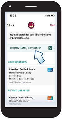Picture of a cell phone with the Libby App open, and a graphic arrow pointing to the library search field