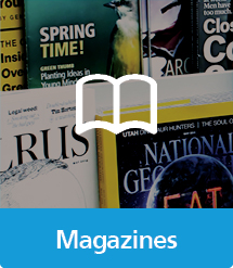 Graphic of Magazines with text and icon