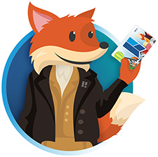 Scout the fox in a black jacket holding an HPL card inside a blue circle