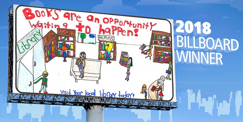 2018 Billboard Winner a drawing of the library by a child