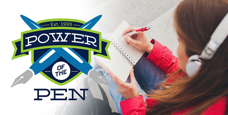 Power of the Pen Creative Writing Contest Power of the Pen Creative Writing Contest logo with girl writing in a small notebook