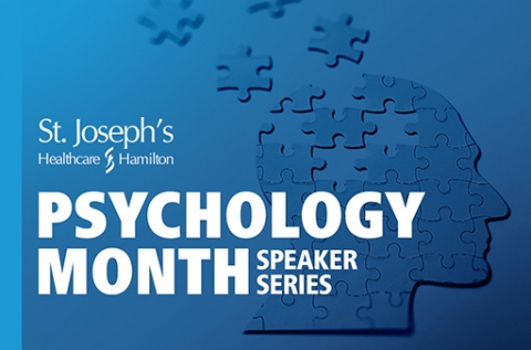 Image of a brain depicted in blue puzzle pieces with white text Saint Joseph's Healthcare Hamilton Psychology Month Speaker Series